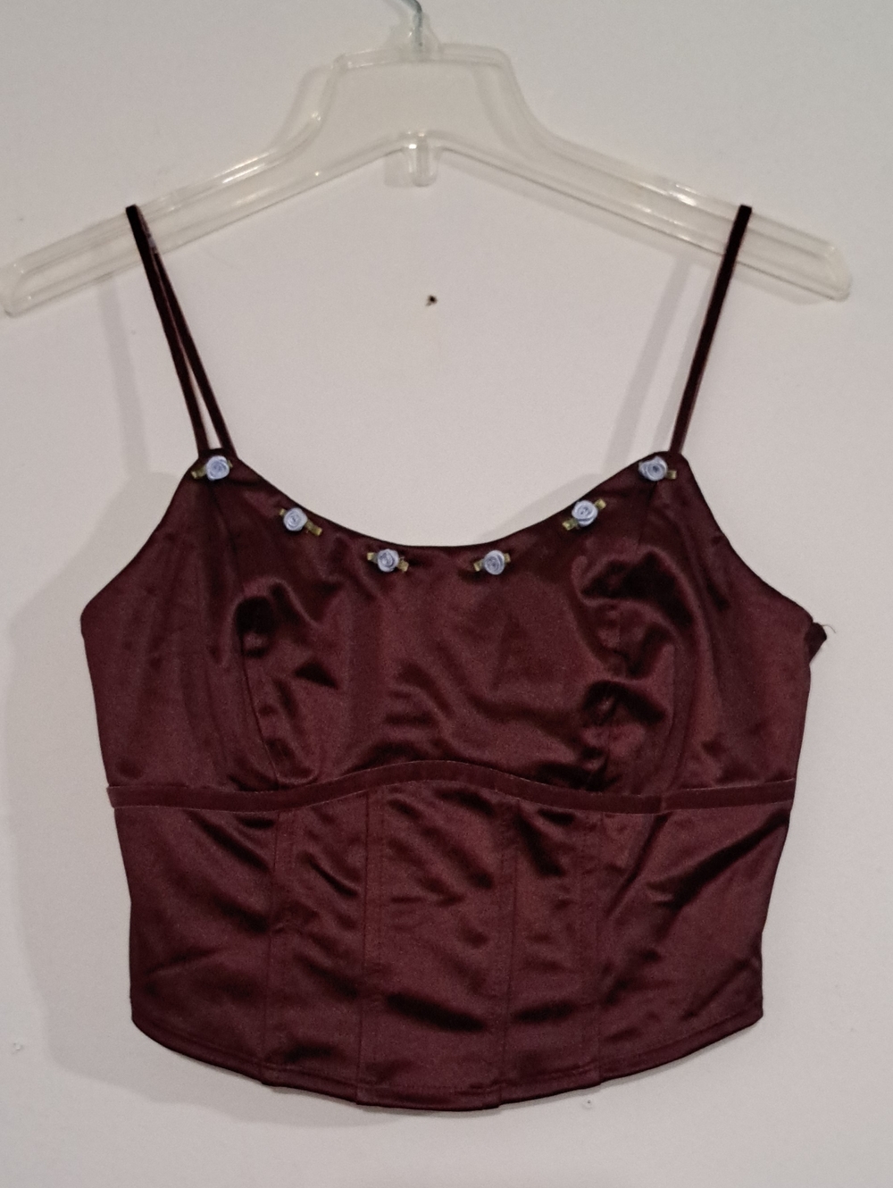 Burgundy Satin Floral-Trim Cropped Camisole Romantic Whimsigoth